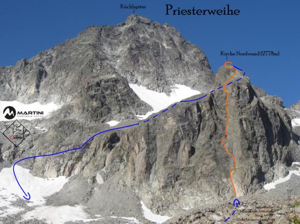 Übersichtsbild Kirche Nordwand Route und Abstieg