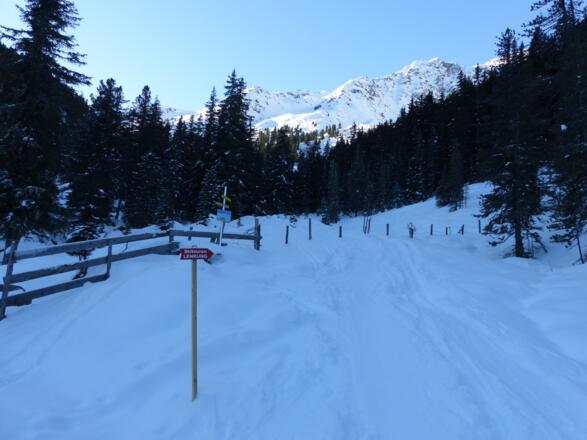 Nach der Almindalm folgen wir der Skitourenlenkung und den Wegtafeln entlang des Almindbaches.