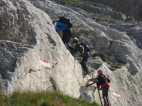 Kurz nach dem Serlesjöchl kommt die seilversicherte Stelle, ab hier sollte man Kinder bis zum Gipfel ans Seil nehmen.