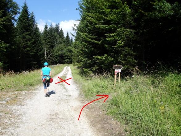 Hier verlassen wir die Schotterstraße - geradeaus geht es zu anderen Routen!
