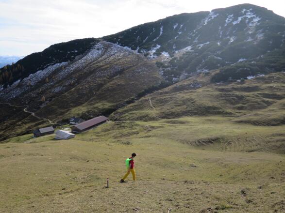 Bei der Kreuzeinalm, rechts oben der Punkt 1851 m. Über den Weg in Bildmitte steigen wir auf, der Weg links unten ist unser Rückweg.
