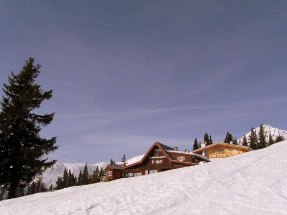 Die Roßkogelhütte kommt ins Blickfeld. Wenn man die Route durch den lichten Wald nimmt, kommt man bei ihr nicht vorbei.