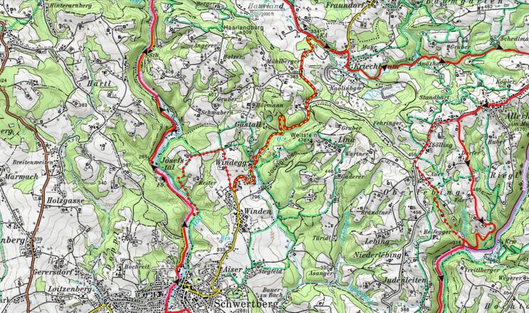 Karte mit Variante Windegg und Mountainbike-Abfahrt zur Naarn