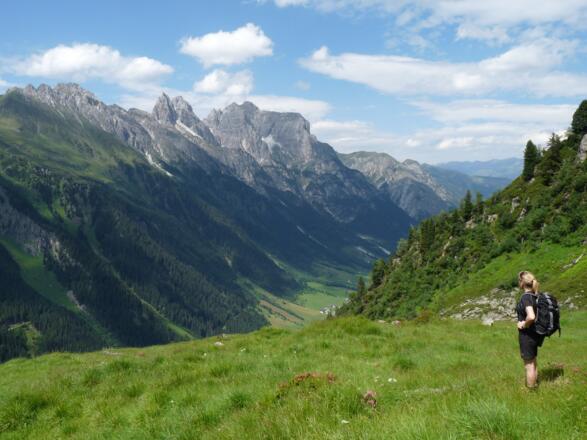 Am Sattel genießen wir noch einmal den Blick ins Gschnitztal, bevor der mitunter steile Abstieg beginnt.
