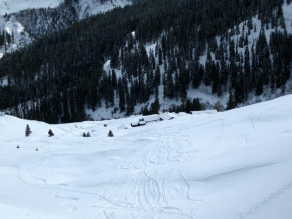 Tiefblick zur Maschentalalm. Über diesen Hang geht man auf direktem Wege hinunter zur Alm.