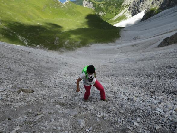 ... das zweite Drittel ist mühsam, da steil, Schotter und mehr oder weniger weglos.