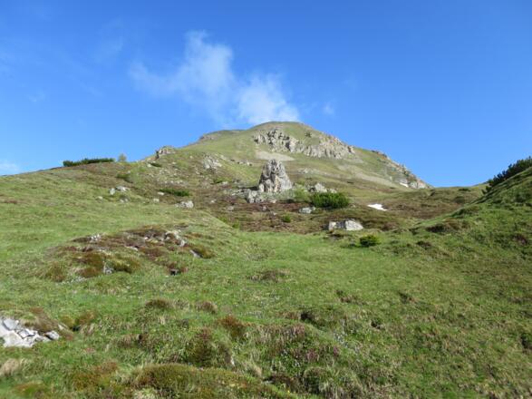 Blick Richung Gipfel, der Weg geht zunächst noch um den Gipfel herum Richtung Padasterjochhaus.