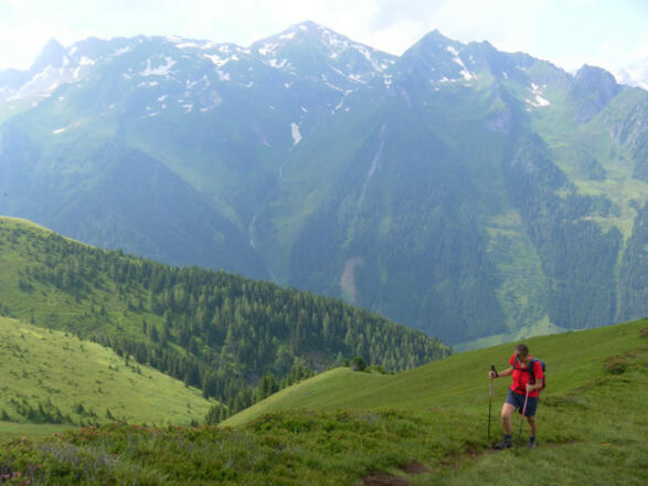unter dem Gipfel mit Blick nach Süden zu Schwarzkopf und Klemerbrettkopf