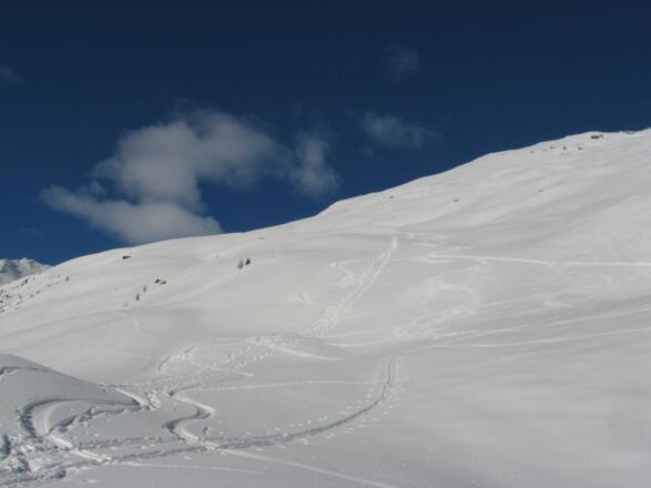 Bei der Wolke befindet sich die Seducker Hochalm, rechts hinauf geht es zur Wildgratscharte.