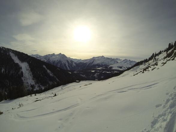 In Bildmitte die Prielalm, links davon über die Schneise sind wir aufgestiegen.