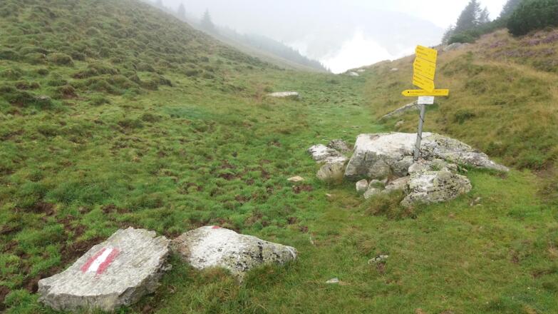 Wegweiser Jufenhöhe, 1890 m, Abzweigung zum Hohen Mahdstein, 2063 m.