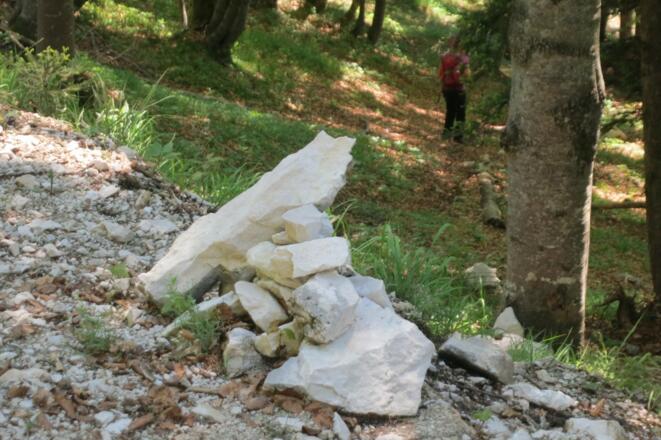 Steinmänner markieren den Jägersteig im Abstieg bis zum Wanderweg 461