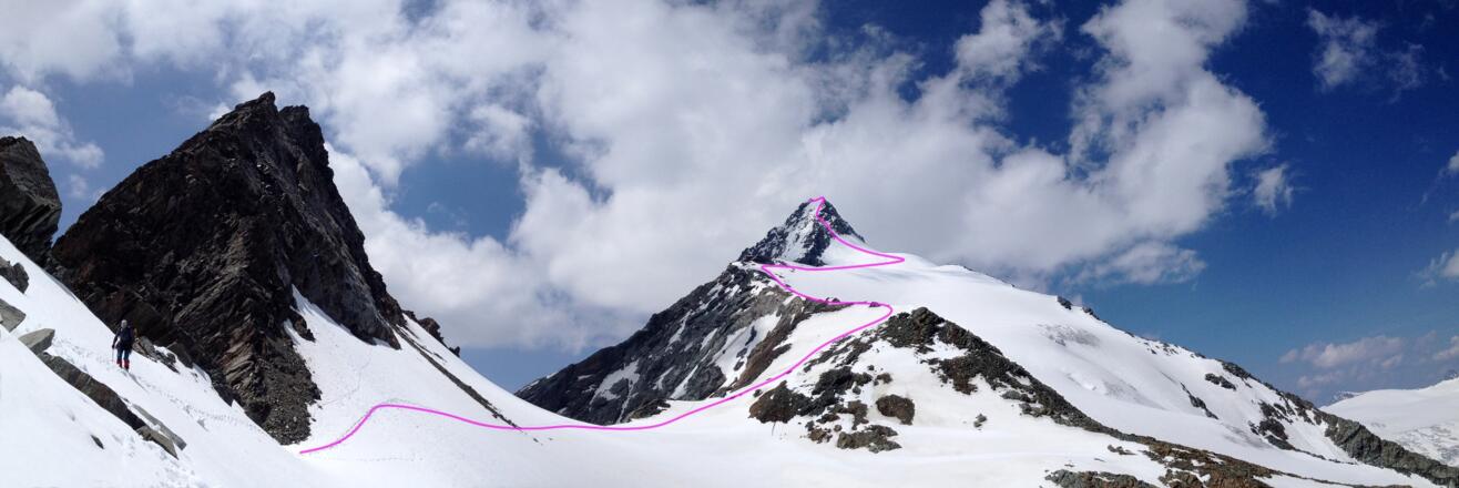 Der weitere Anstieg verläuft von der Hohenwartscharte über die Adlersruhe bis zum Gipfel von Klein- und Großglockner.