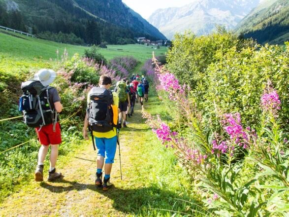 Ein kurzes Stück geht es am Bach entlang, bevor wir auf der anderen Bergseite zum Kaunergrat wieder aufsteigen.