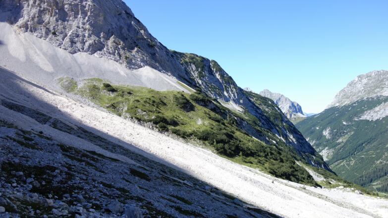 Blick zurück auf den Brendelsteig, der von der bewachsenen Schulter (Bildmitte) zuerst steil, dann flach ins Schlauchkar hinein führt.