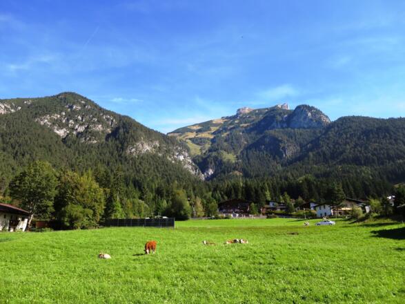 Vom Parkplatz ist der Dalfazer Wasserfall bereits sichtbar (Bildmitte). Hinten der Dalfazer Roßkopf (2143 m), rechts die Rotspitze.