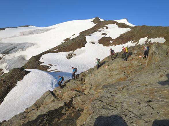 Der letzte Abschnitt des markierten Weges, dann geht's auf dem Grüblferner weiter. Rechts hinten der Gipfel.