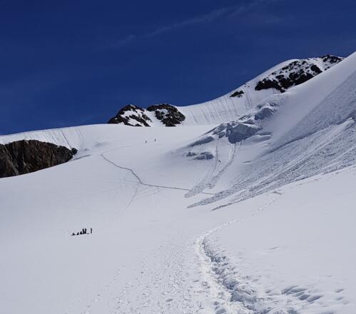 Taschachferner Richtung Steilstufe zw. 3500 und 3500m. Rechts die frischen Schneerutscher über der Spur.