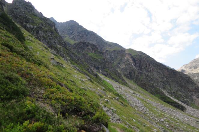 Blick Richtung Anstieg. Hier geht es zwischen den beiden Karen auf steilen Almwiesen empor.