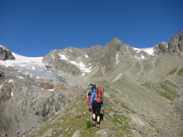 Noch führt uns ein Steiglein entlang des Moränenrückens genau in Richtung Berglasübergang, den anschließenden Steilhang in die Karmulde unterhalb des Berglasübergangs müssen wir weglos bewältigen. Links der Berglasferner.