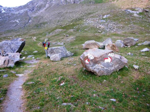 Markante Weggabelung im hinteren Teil des Alpeinertals. Wir folgen dem Weg "NEU" bzw. den Wegweisern zum Alpeiner Ferner.