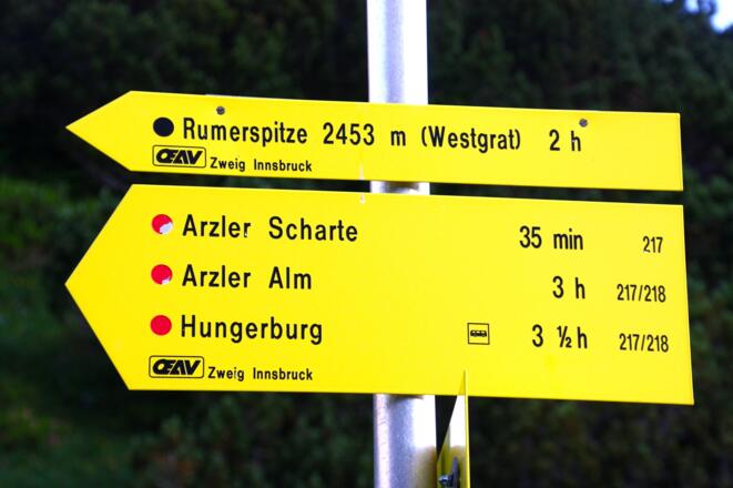 Wegweiser Richtung Arzler Scharte &amp; Rumer Spitze Westgrat