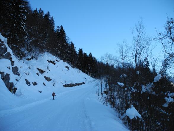Beim Aufstieg auf der ehemaligen Schipiste. Der Wirt der Almhütte fährt täglich mit dem Pistengerät auf den Berg.