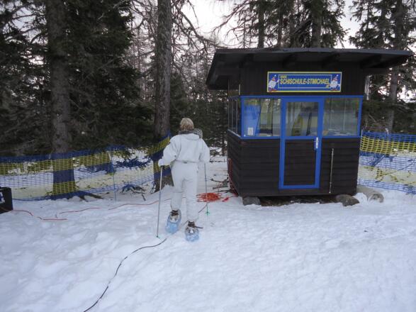 Bei der Holzhütte hinter der Bergstation betritt man den Lärchenwald