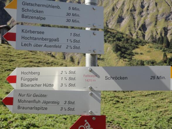 Wegweiser an der Fellealpe