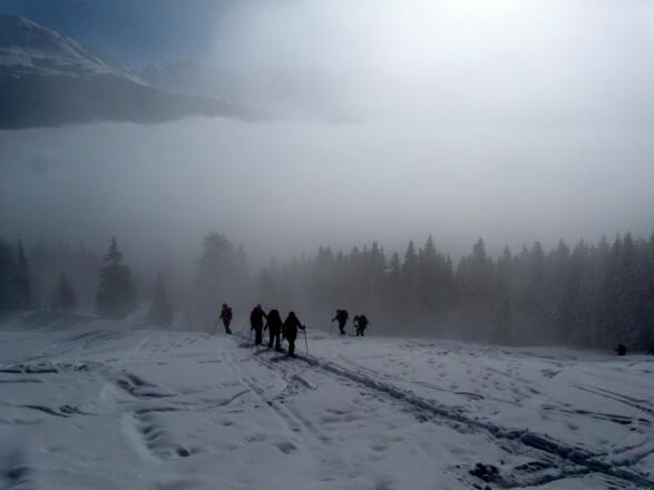 Schneeschuhwanderer tauchen aus dem Nebel auf.
