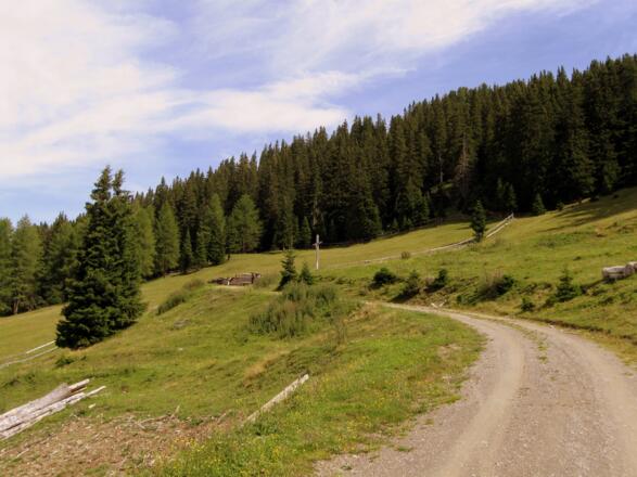 Ankunft auf der Spörralm. Nur eine verfallene Hütte ist übrig ... und ein Gipfelkreuz.