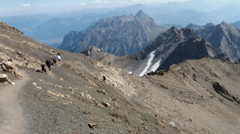 Drahtseilsicherungen im oberen Verlauf des Steiges hinab zur Totalphütte.