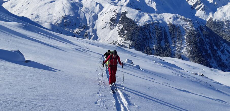 Tolles Skigelände. Hinten links die Potsdamer Hütte (2009 m).