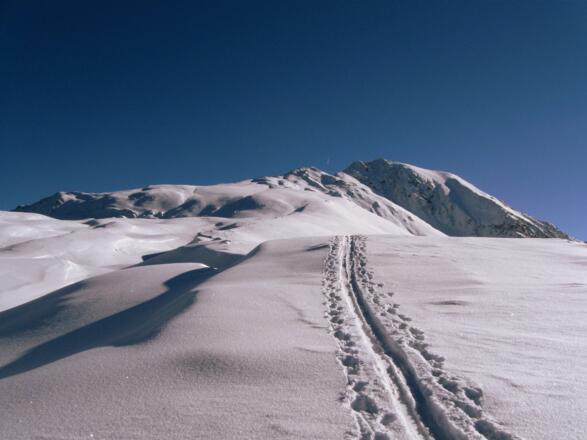 Man geht immer auf das mächtige Felsmassiv des Pirchkogel zu.