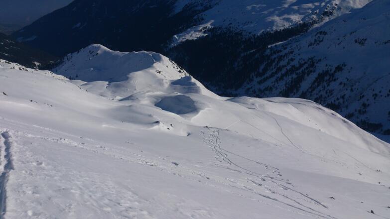 Blick zurück, links der Bildmitte befindet sich der Schellenberg, links davon die Abfahrtsvariante zur Almindalm.