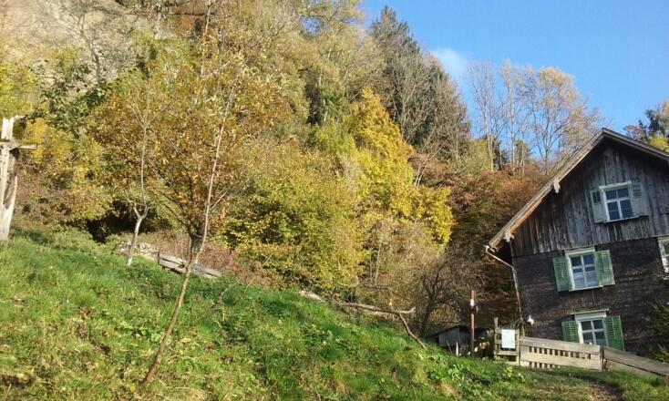 An dem alten Holzhaus gehts es links den Pfad hoch / At the old wooden house take the little path left uphill