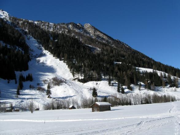 Es geht flach über die Wiese und anschließend über die deutliche Schneise im Hintergrund aufwärts.
