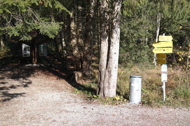 Wegkreuzung Radmoos (hinten Lehrpfadtafeln)