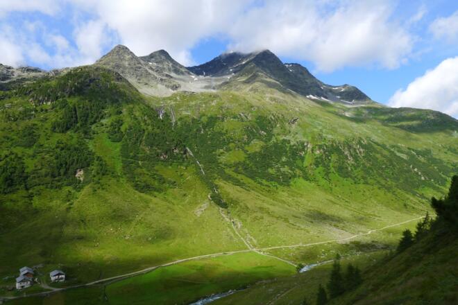 Links unten die Obere Seebachalm, in der Bildmitte die Fleischbachspitze