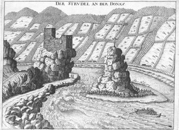 Die Burg Werfenstein und die Insel Wörth auf einem Stich von G.M.Vischer, dazu eine Sage unter Literatur