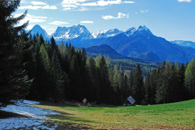 Nachmittagsblick auf den Großen und den Kleinen Priel von der Roßleithner Reith aus