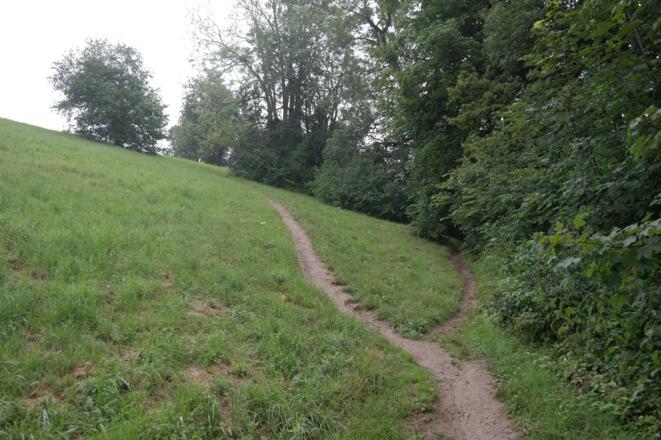 Auf der Wiese vor dem Krankenhaus. Wir nehmen den linken (steileren) Steig.