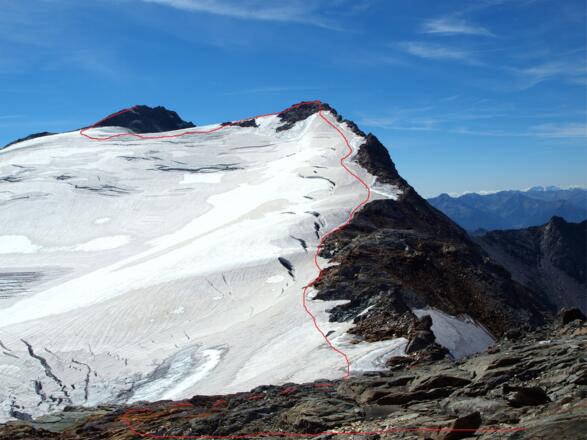 Kleinelendkees mit Anstiegsroute vom Grubenkarkopf