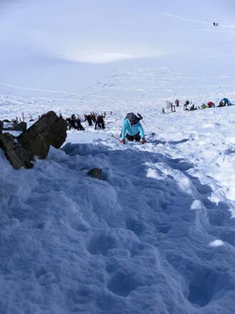 im steilen Gipfelfelsband