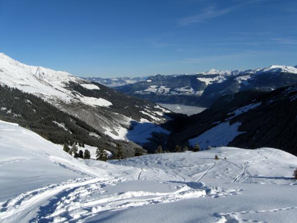 Rückblick über das Aufstiegsgelände. In der Bildmittel bedeckt von einer Nebeldecke, das Zillertal.