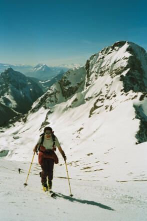 Aufstieg zum Gipfelhang und Rückblick zur Querung unter Gr. Pyhrgas
