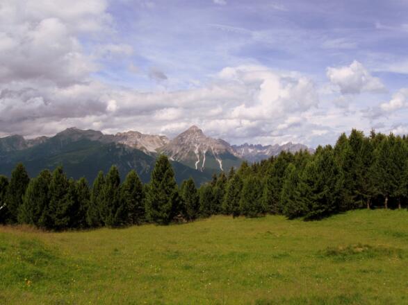 Ab dieser großen Wiese geht es zu Fuß weiter. Im Hintergrund die Serles.