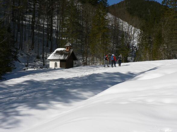 Wir lassen die Kapelle rechts liegen und wandern links die Forststraße weiter