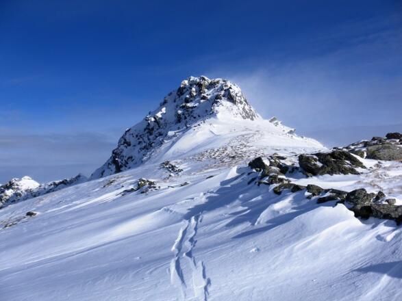 Marchkopf Gipfelfels. Rechts um den tiefen Felsvorsprung gehts in die Südflanke