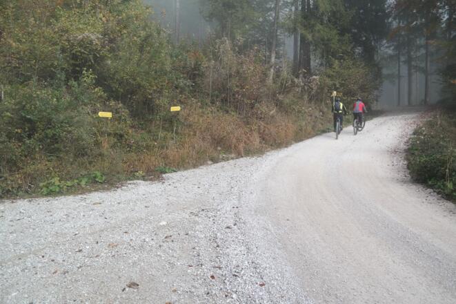 Nach etwa 10 Minuten trifft man auf diese Straßenkreuzung und hält sich rechts, so wie die beiden Mountainbiker im Bild.